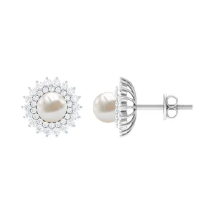Freshwater Pearl Stud Earrings with Diamond Double Halo