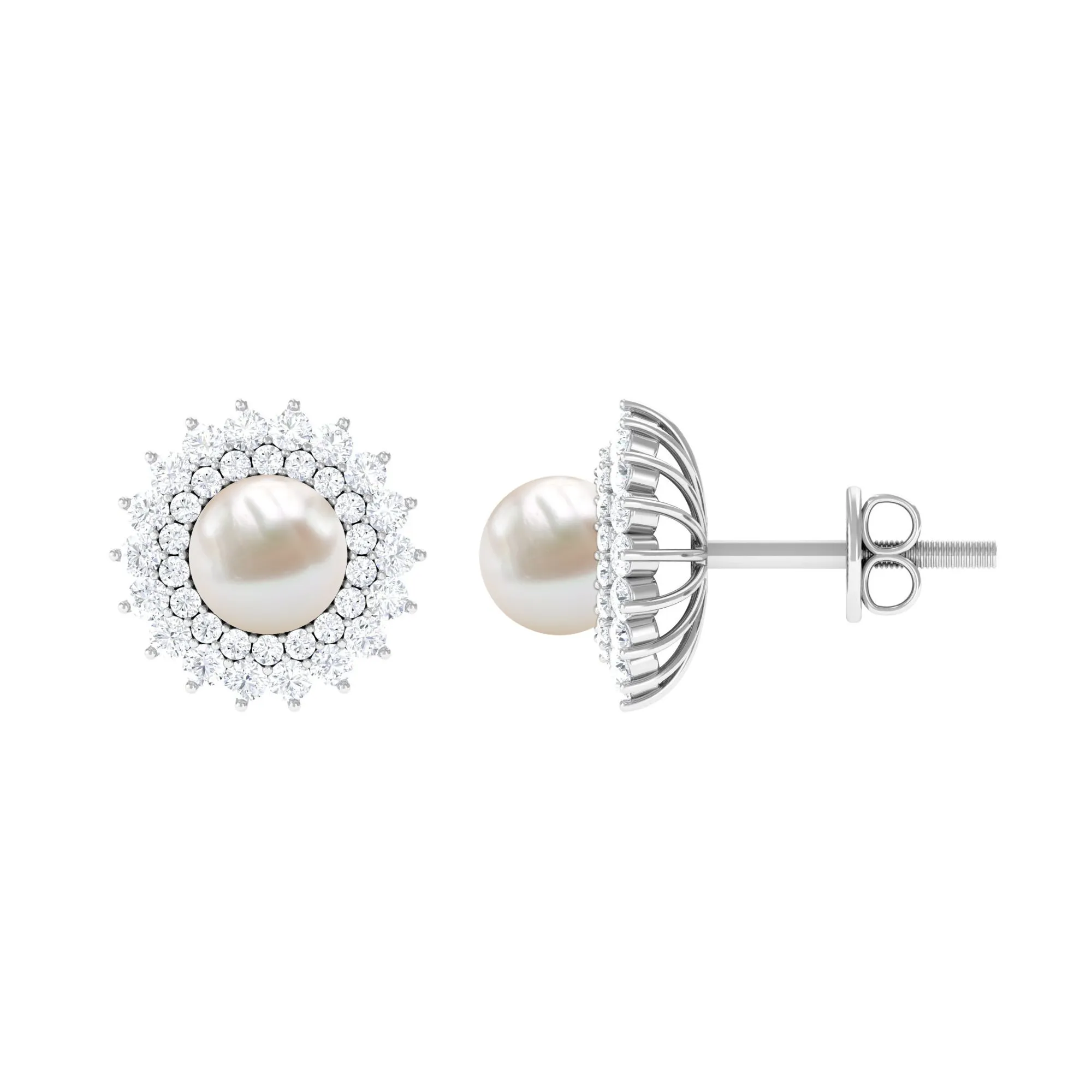 Freshwater Pearl Stud Earrings with Diamond Double Halo