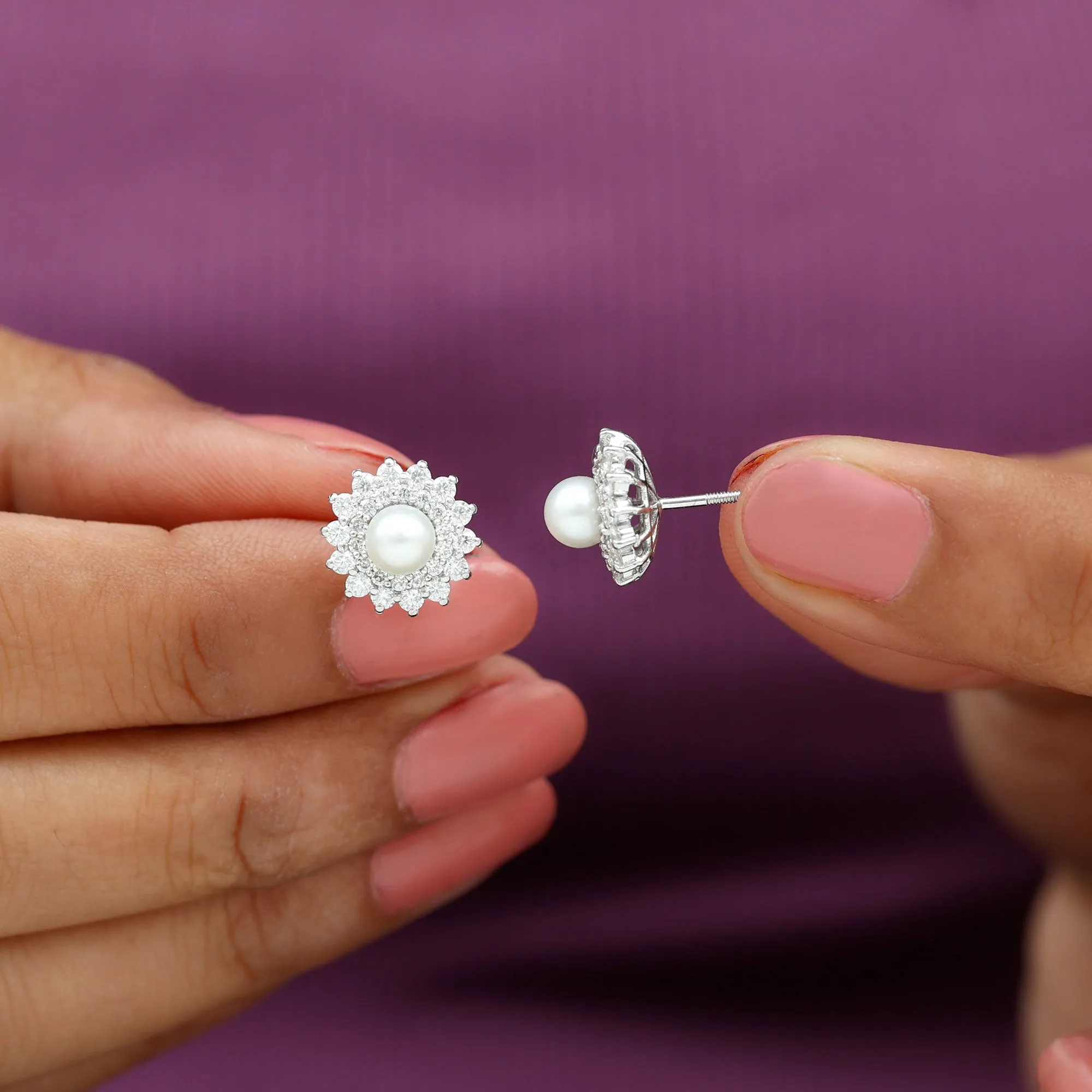 Freshwater Pearl Stud Earrings with Diamond Double Halo