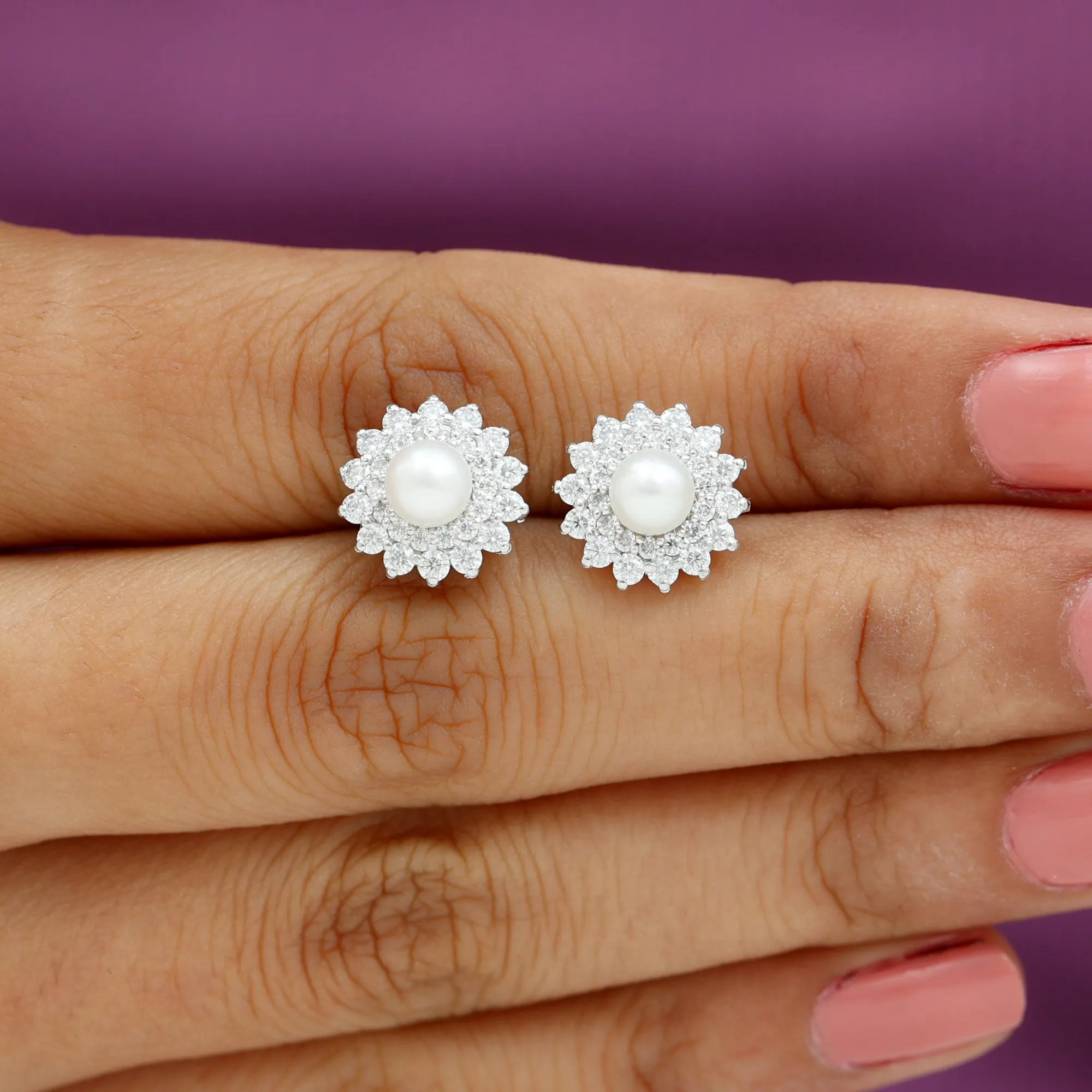 Freshwater Pearl Stud Earrings with Diamond Double Halo