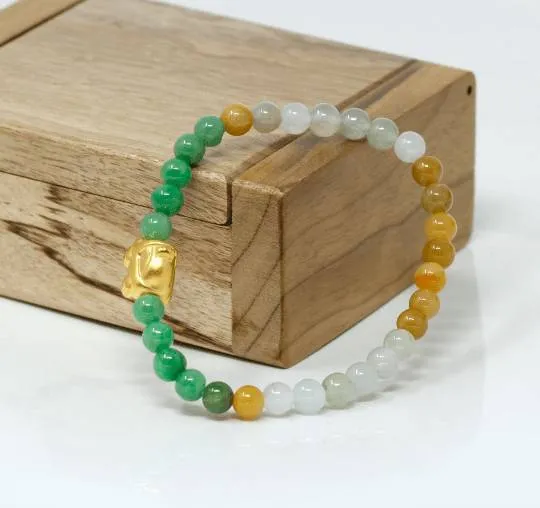 Genuine High-quality Jade Jadeite Bracelet Bangle with 24k Yellow Gold Car Charm Colorful  #430