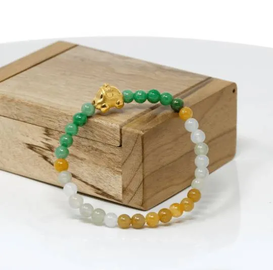 Genuine High-quality Jade Jadeite Bracelet Bangle with 24k Yellow Gold Car Charm Colorful  #430