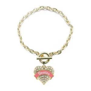 Gold Coral Besties Pave Heart Charm Toggle Bracelet