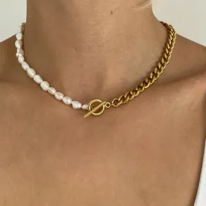 Gold Pearl and Chain Necklace