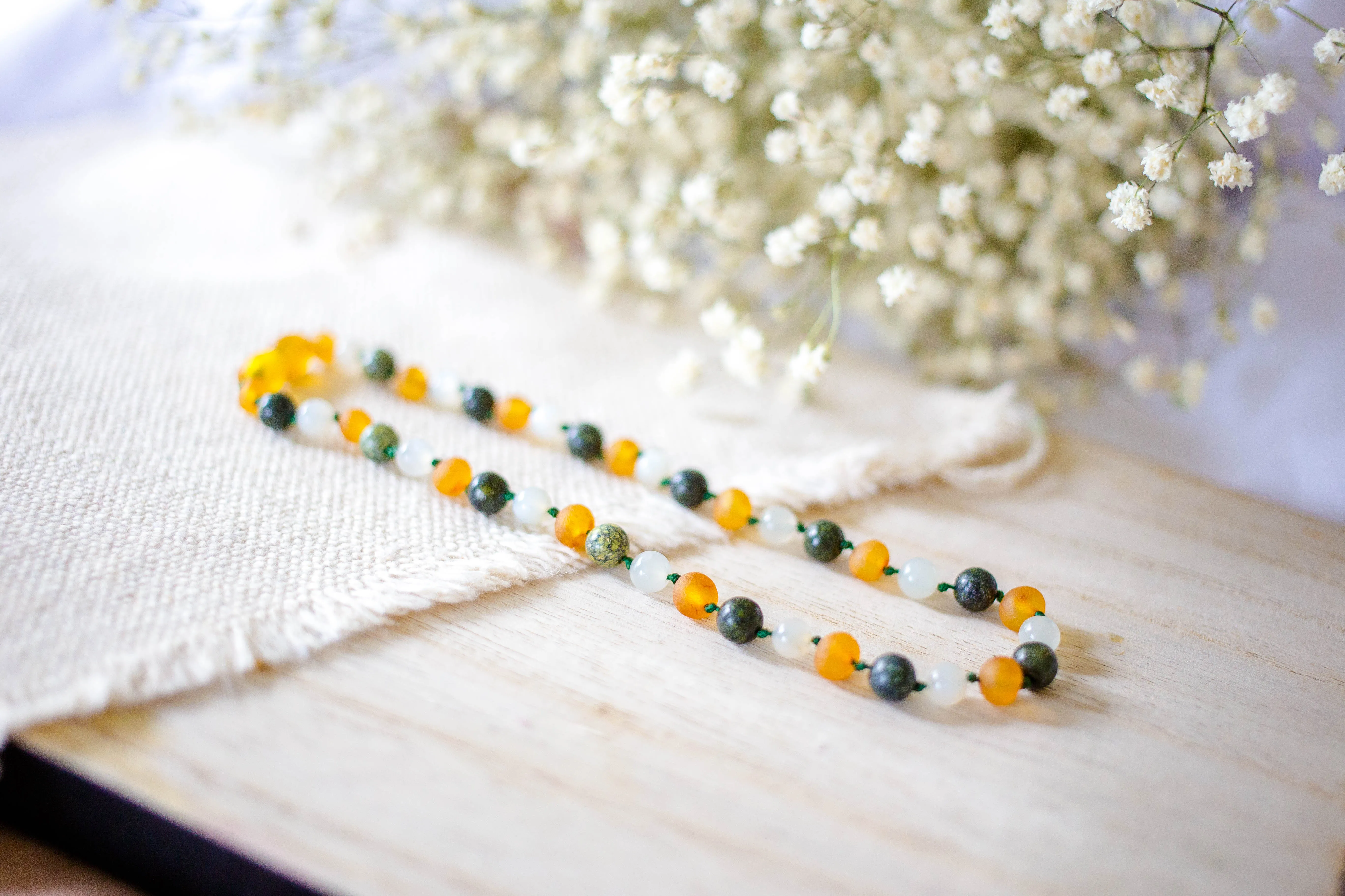 Green Lace Agate and Moonstone  Raw Apricot Baltic Amber Necklace