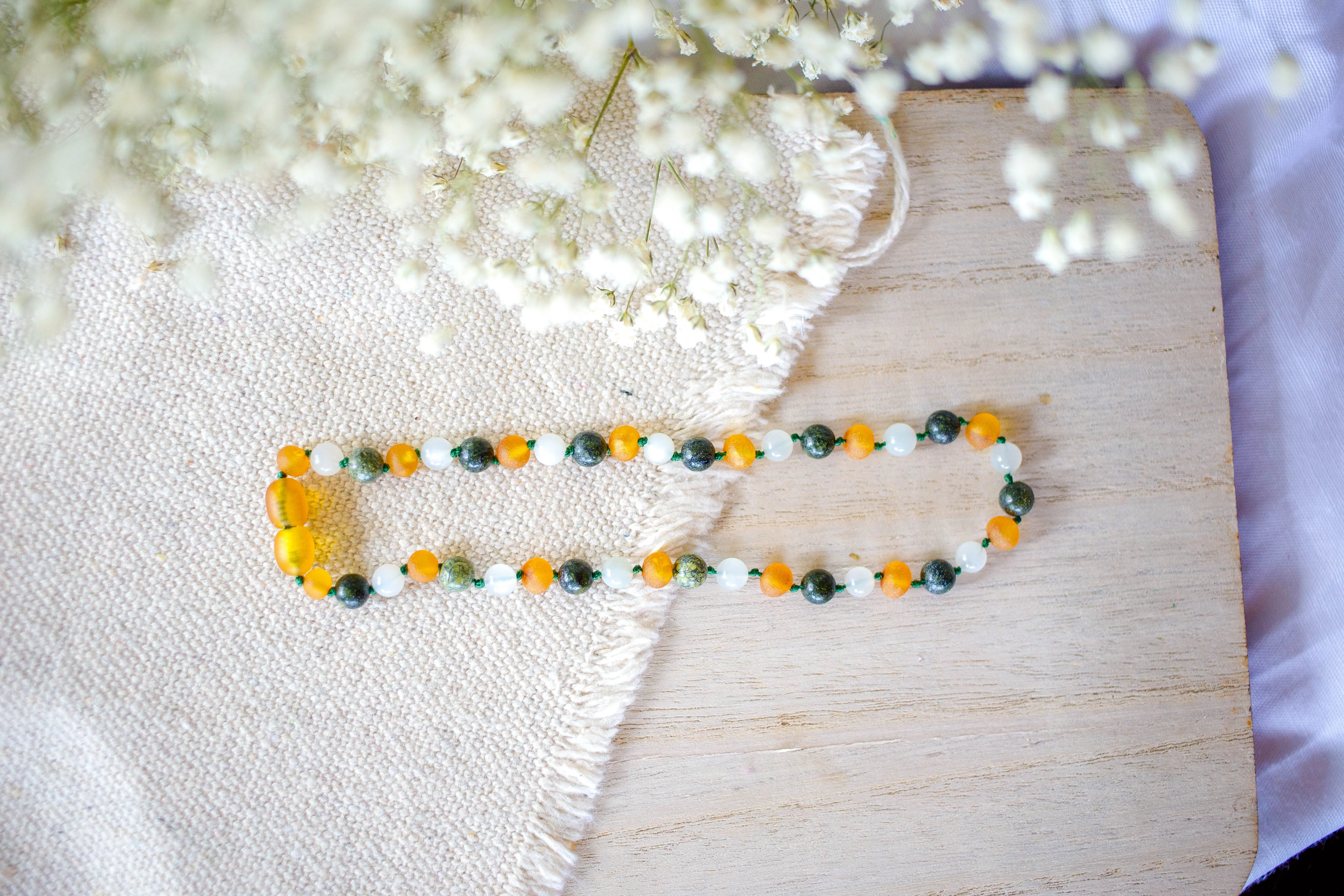 Green Lace Agate and Moonstone  Raw Apricot Baltic Amber Necklace