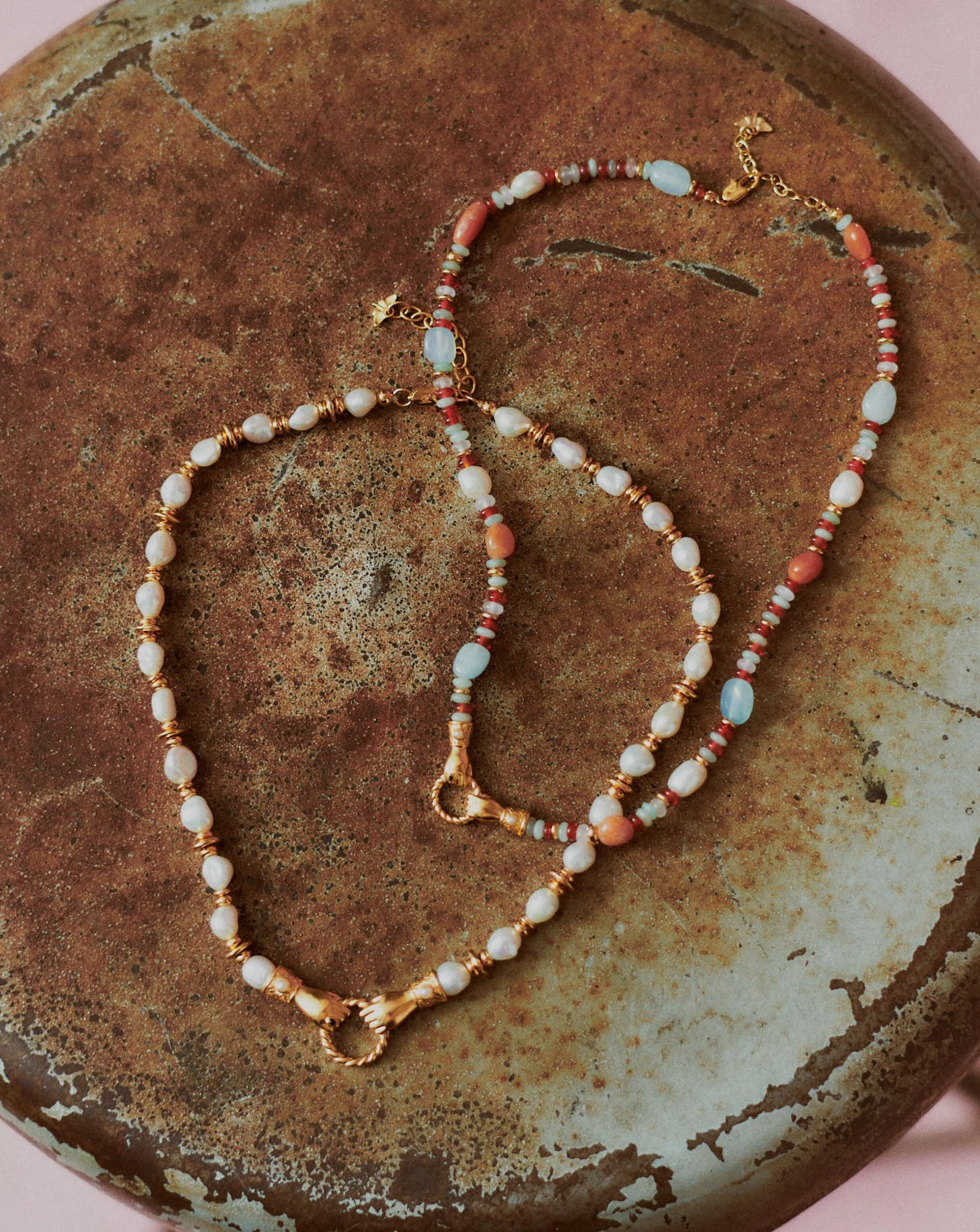 Harris Reed In Good Hands Beaded Gemstone Necklace | 18k Gold Plated/Multi Gemstone & Pearl