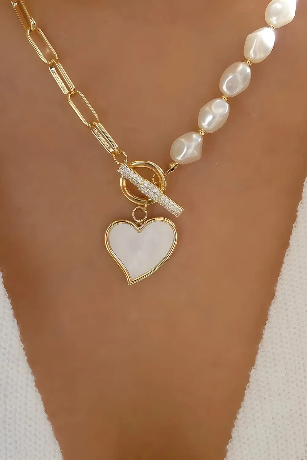 Heart Pendant Rhinestone Pearl Necklace
