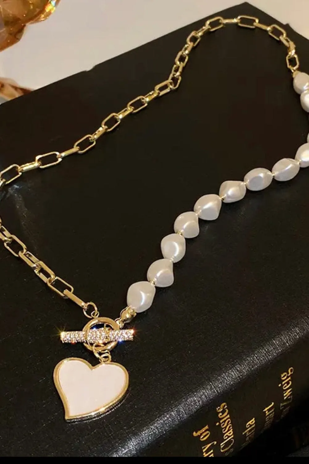 Heart Pendant Rhinestone Pearl Necklace