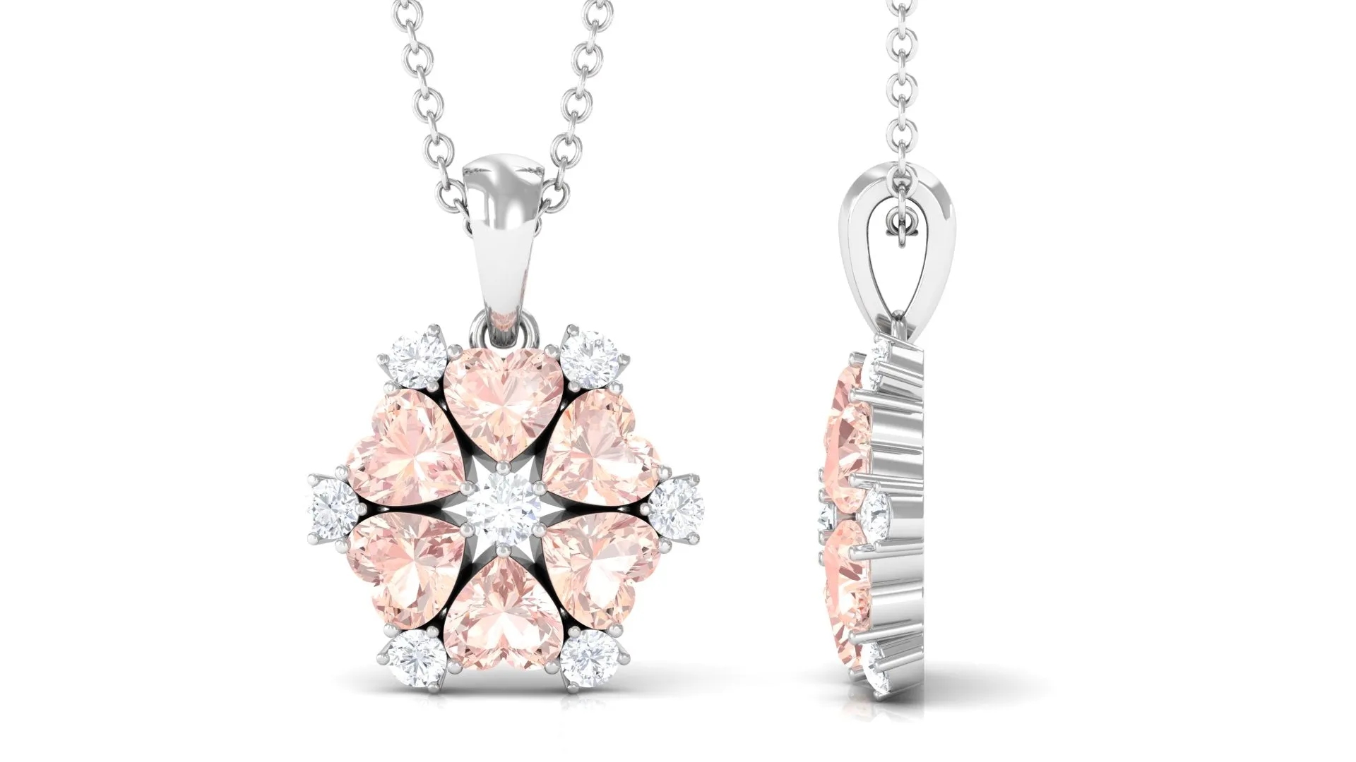 Heart Shape Morganite and Diamond Cluster Flower Pendant