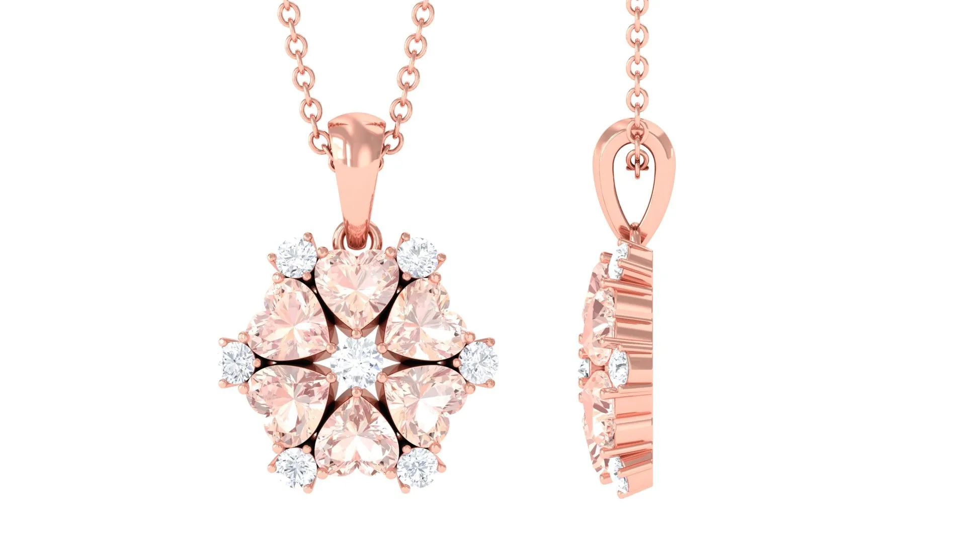 Heart Shape Morganite and Diamond Cluster Flower Pendant