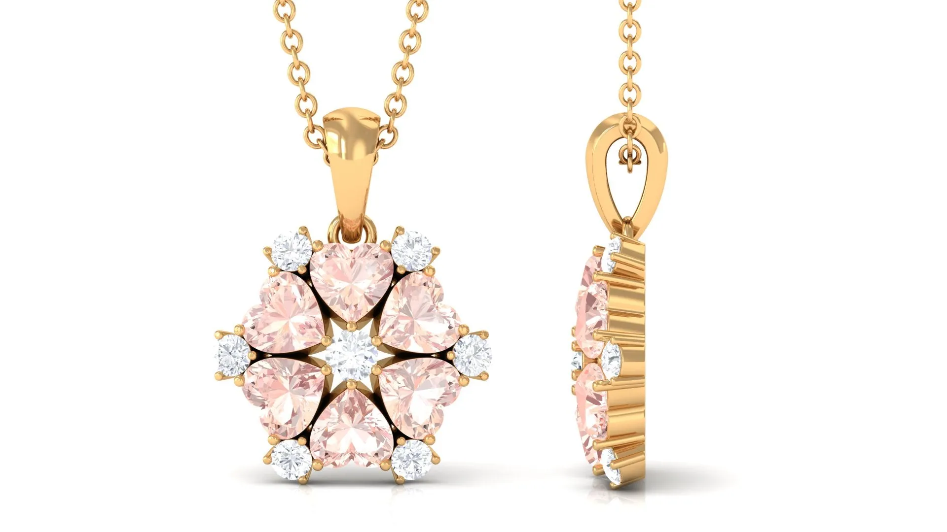 Heart Shape Morganite and Diamond Cluster Flower Pendant