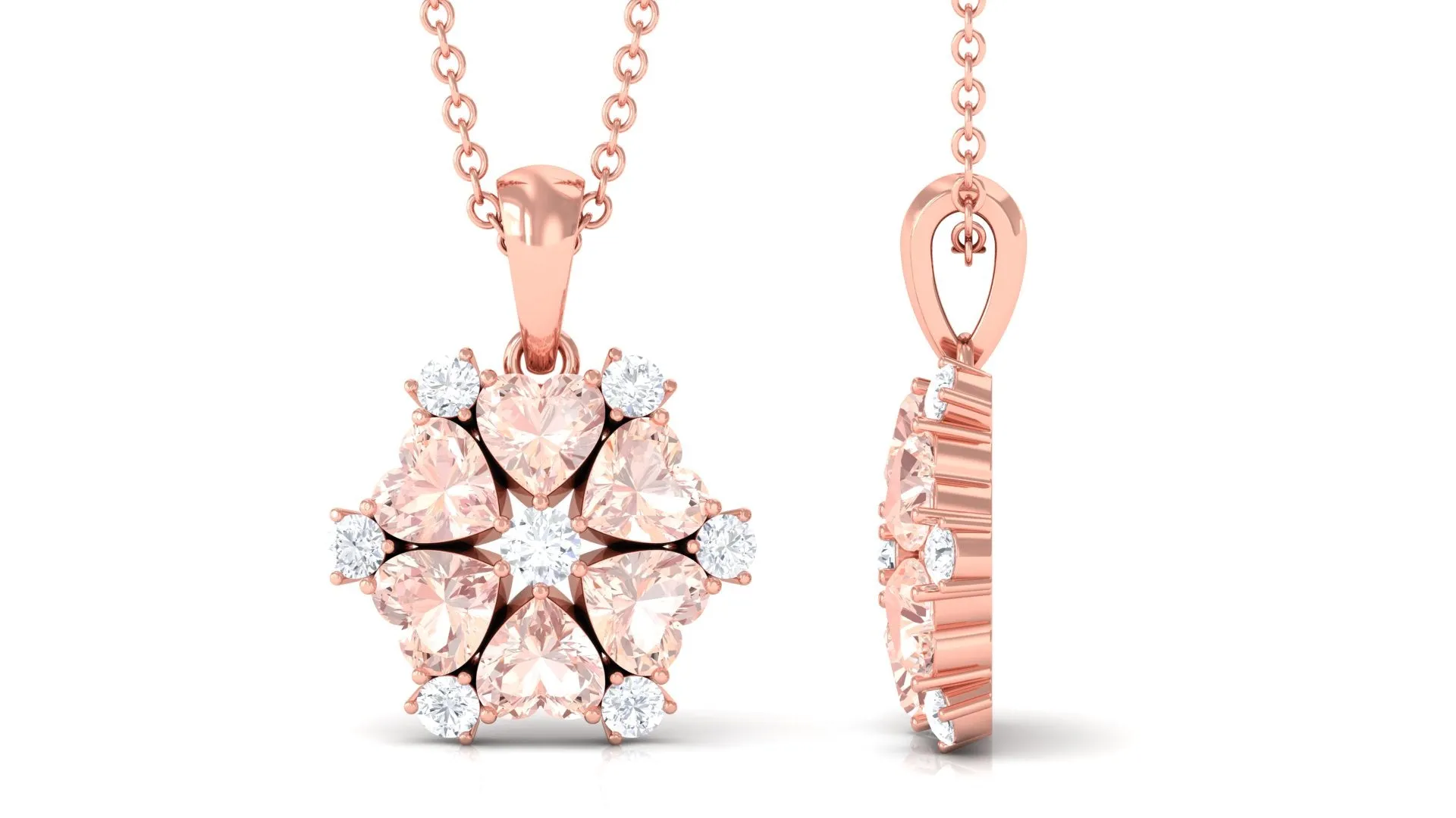 Heart Shape Morganite and Diamond Cluster Flower Pendant