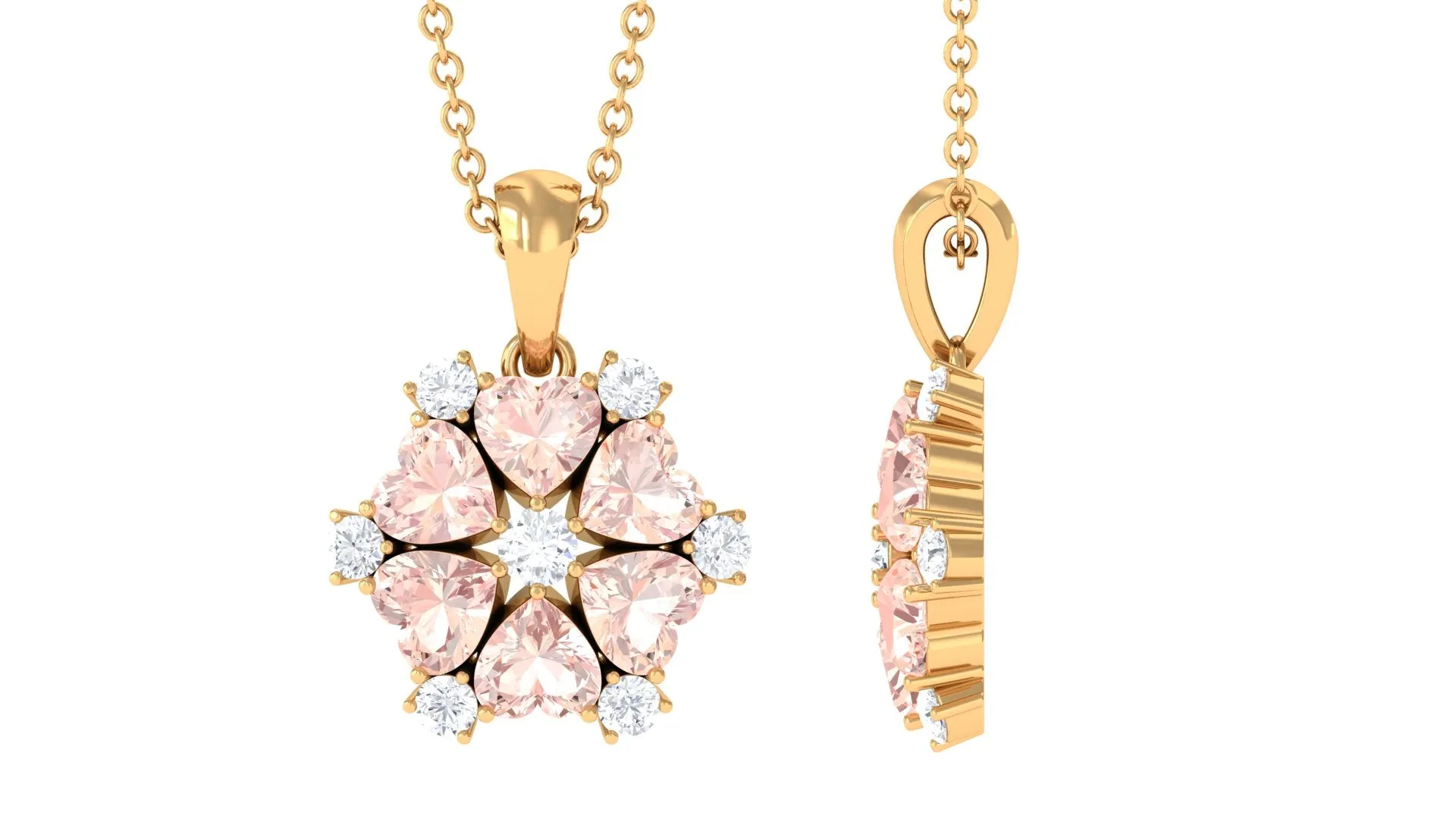 Heart Shape Morganite and Diamond Cluster Flower Pendant