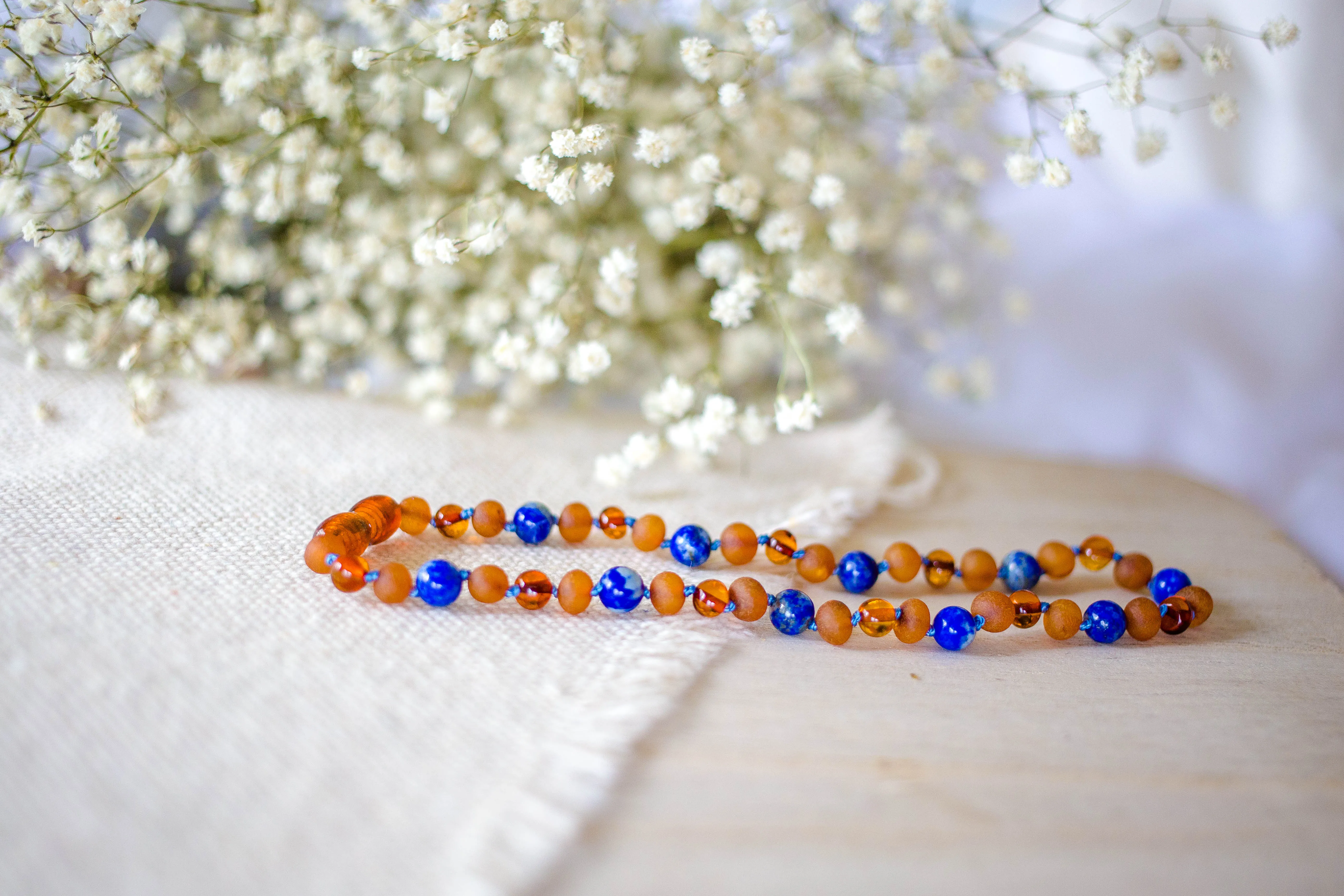 Lapis Lazuli   Raw and Polished Cognac Baltic Amber Necklace
