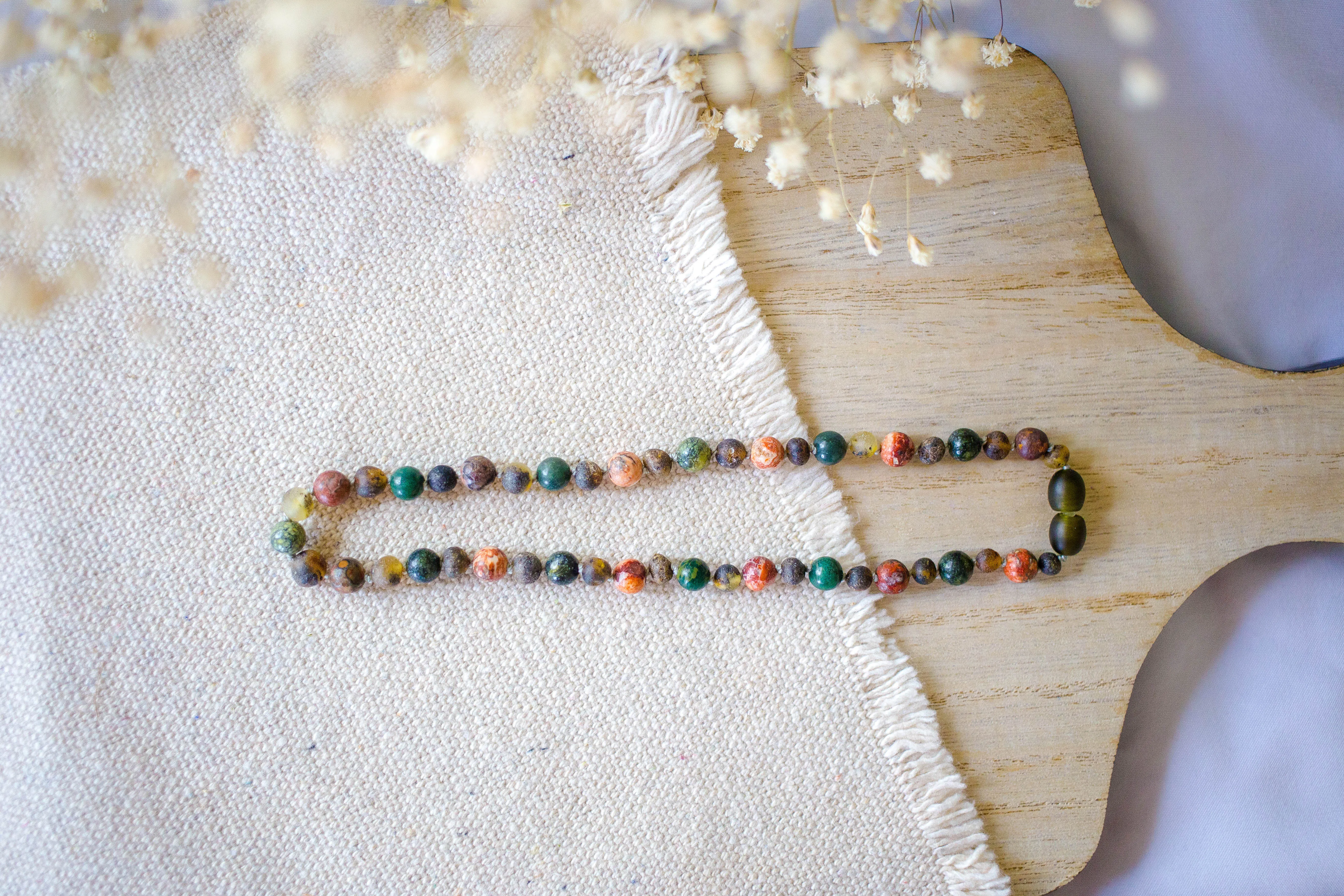Leopard-Skin Jasper, Green Lace Agate   Raw Green Baltic Amber Necklace ll Pain ll Arthritis