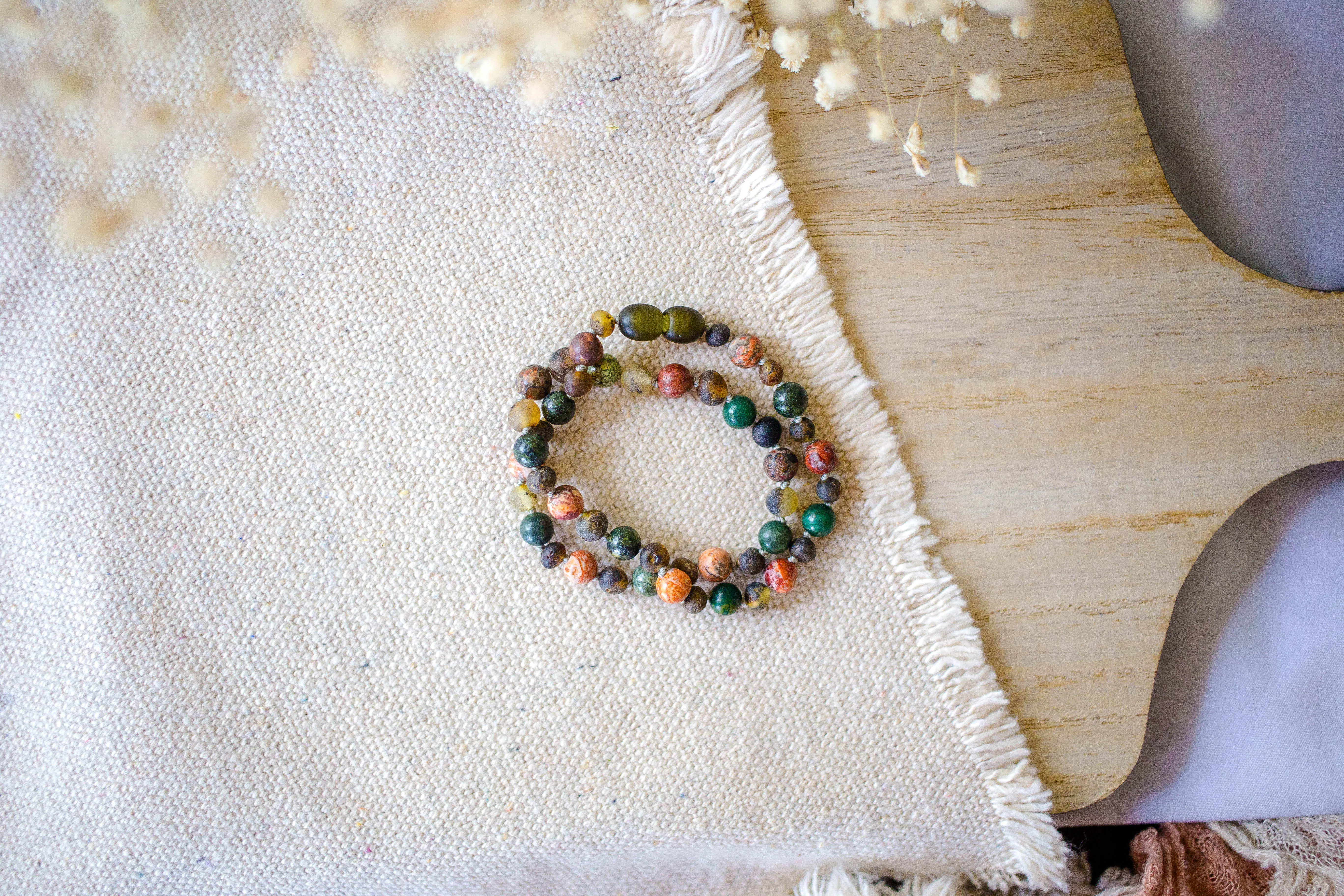 Leopard-Skin Jasper, Green Lace Agate   Raw Green Baltic Amber Necklace ll Pain ll Arthritis