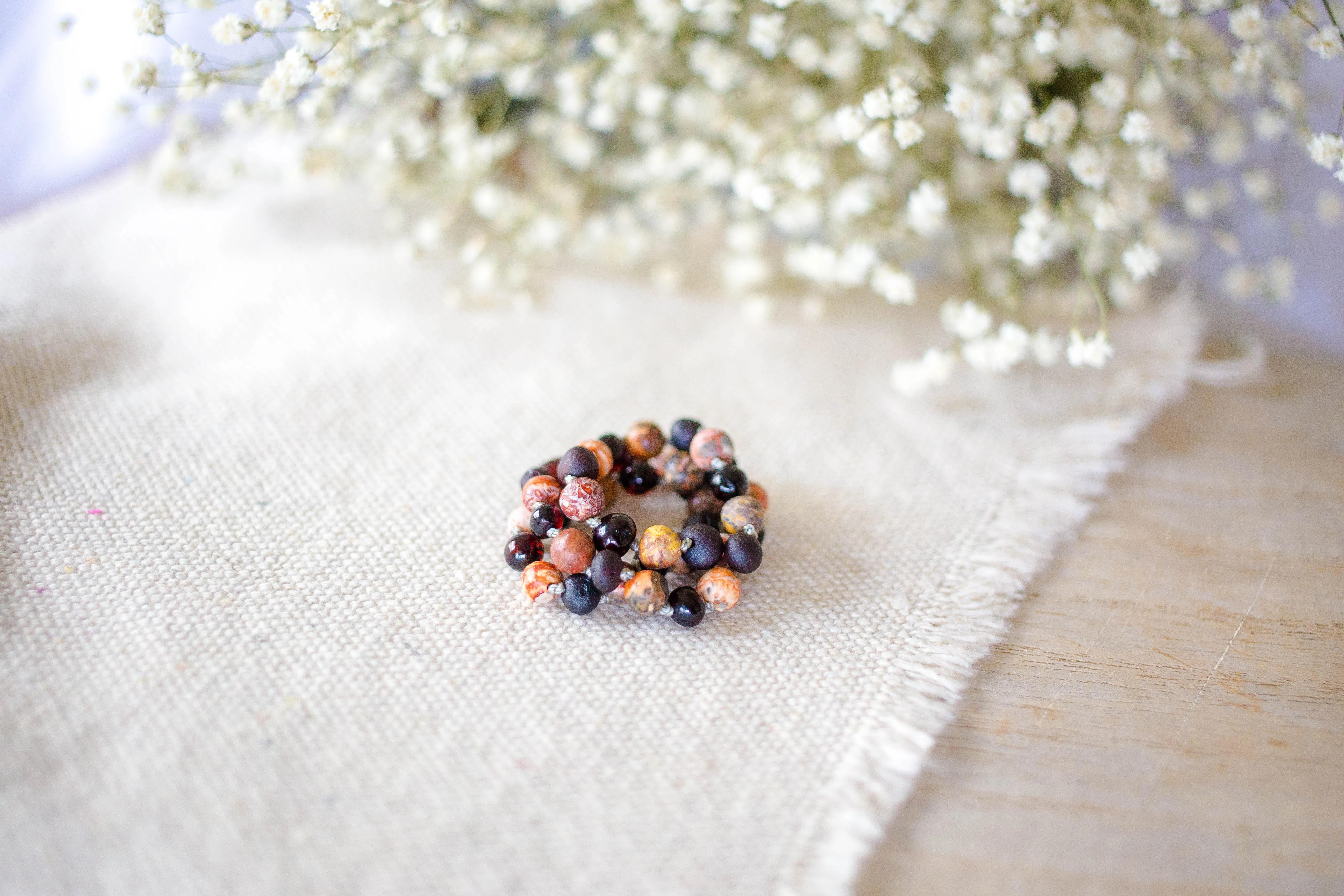 Leopard-Skin Jasper   Raw and Polished Cherry Baltic Amber Necklace ll Pain ll Arthritis