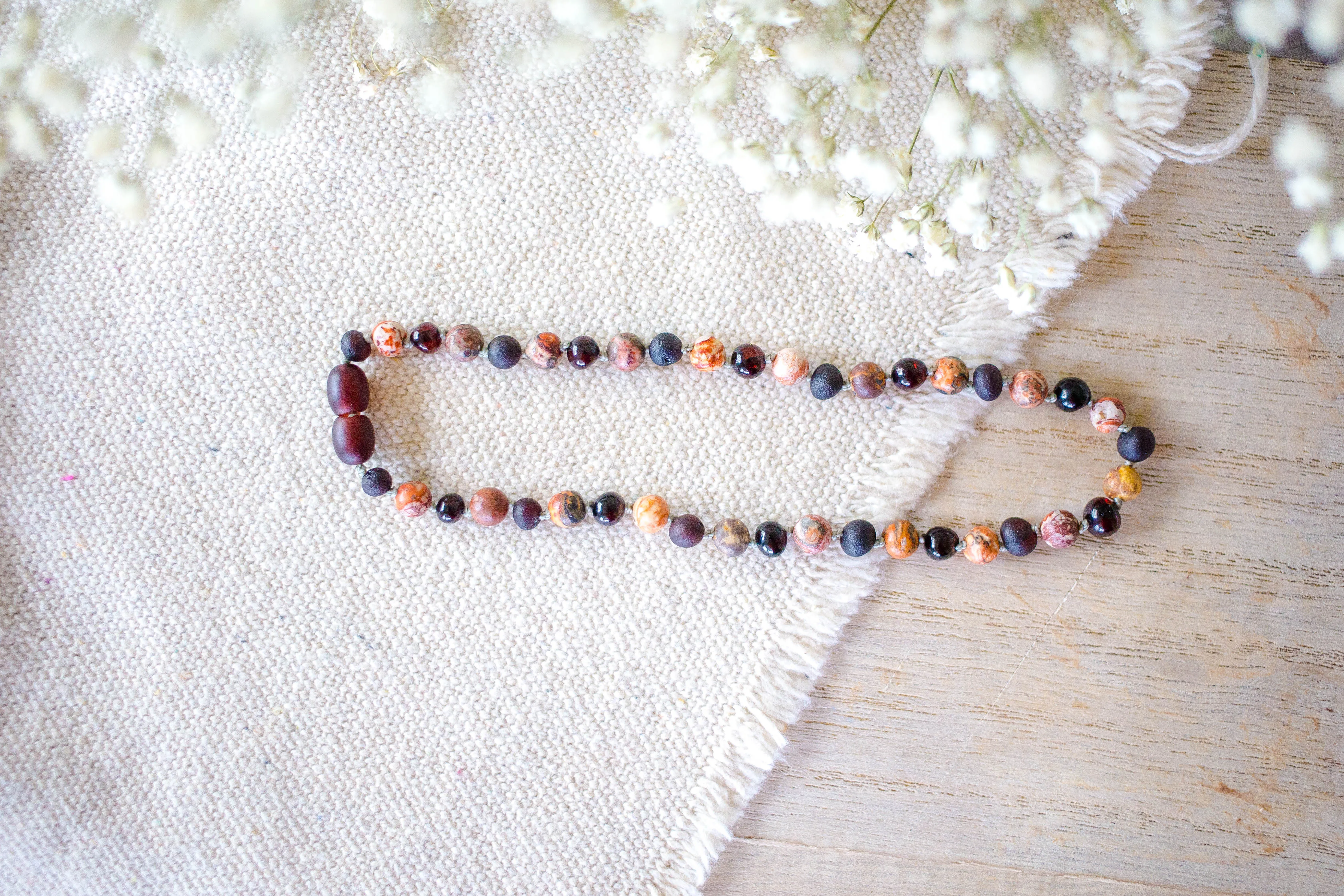 Leopard-Skin Jasper   Raw and Polished Cherry Baltic Amber Necklace ll Pain ll Arthritis
