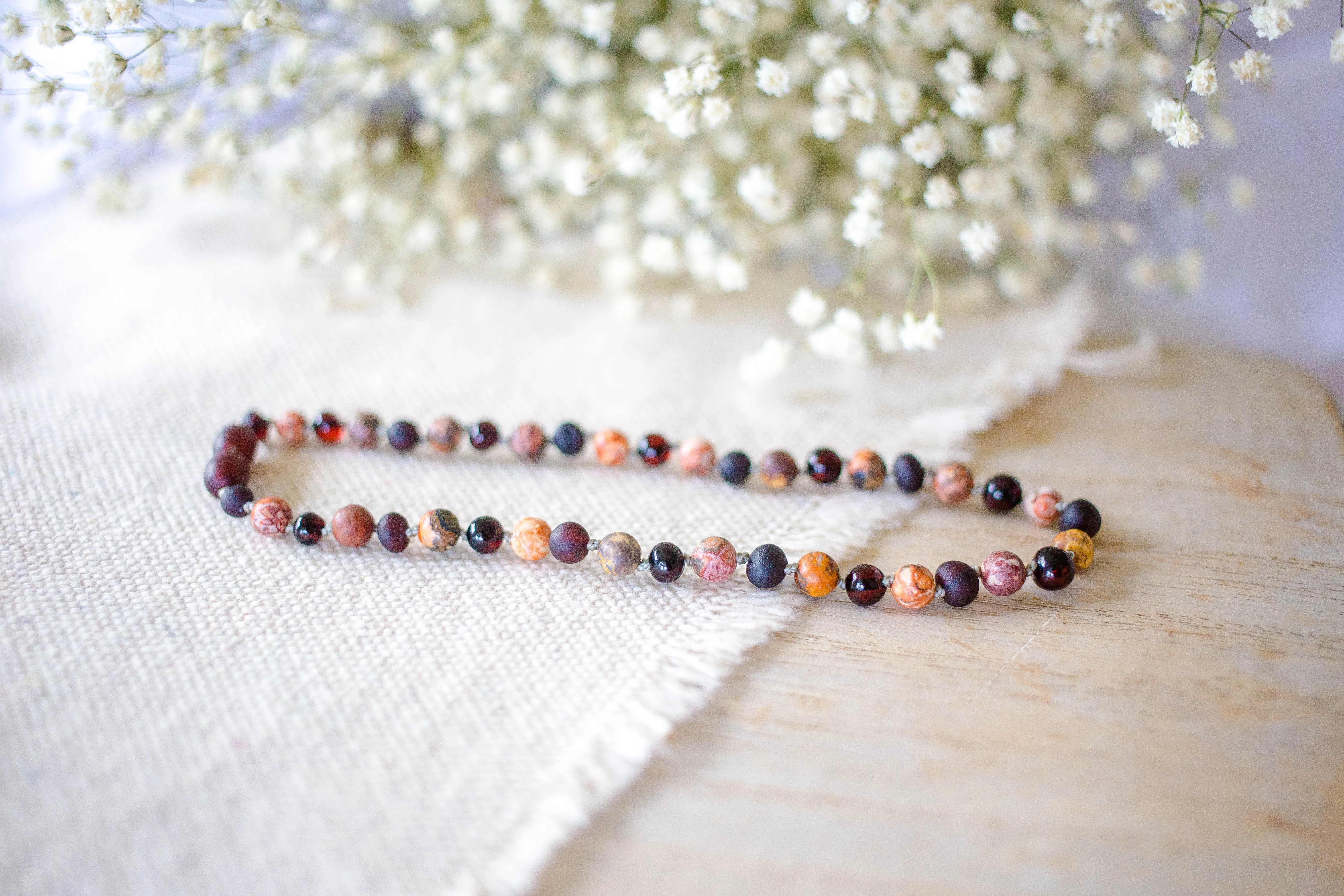Leopard-Skin Jasper   Raw and Polished Cherry Baltic Amber Necklace ll Pain ll Arthritis
