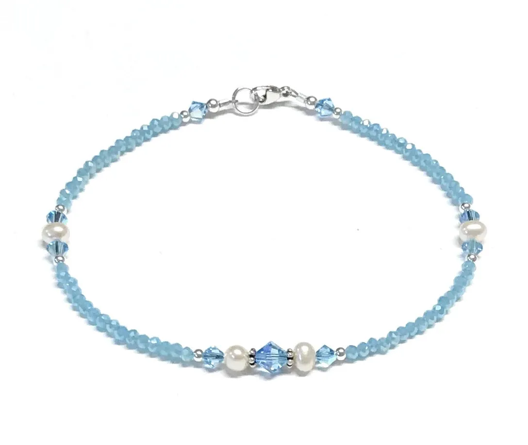 Light Aqua Anklet - Pearl and Crystal - Sterling Silver - 9 - 12 Inches Available
