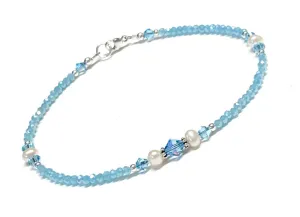 Light Aqua Anklet - Pearl and Crystal - Sterling Silver - 9 - 12 Inches Available