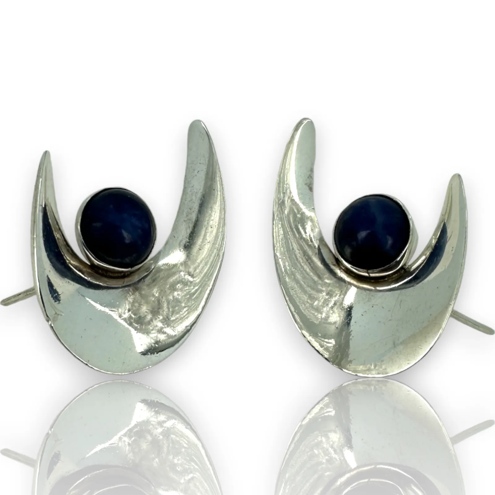 Miguel Pineda Aztec 925 Sterling Silver Large Lapis Round Stud Earrings