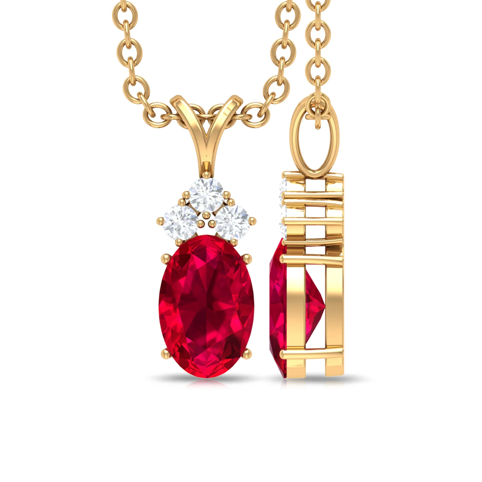 Minimal Oval Ruby Pendant with Diamond Stones