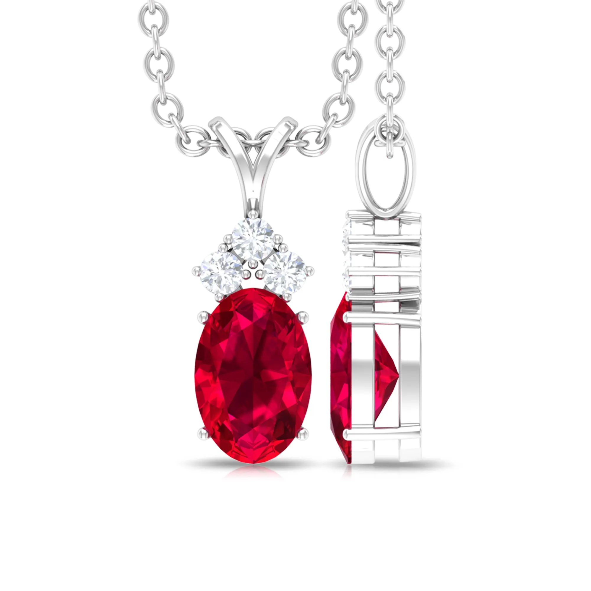 Minimal Oval Ruby Pendant with Diamond Stones
