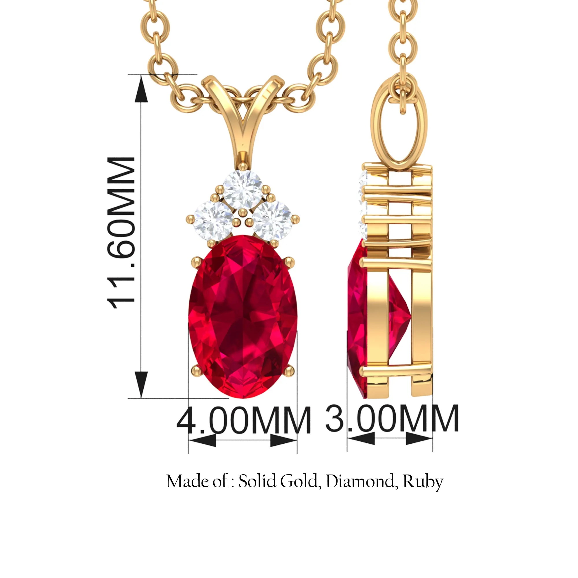 Minimal Oval Ruby Pendant with Diamond Stones