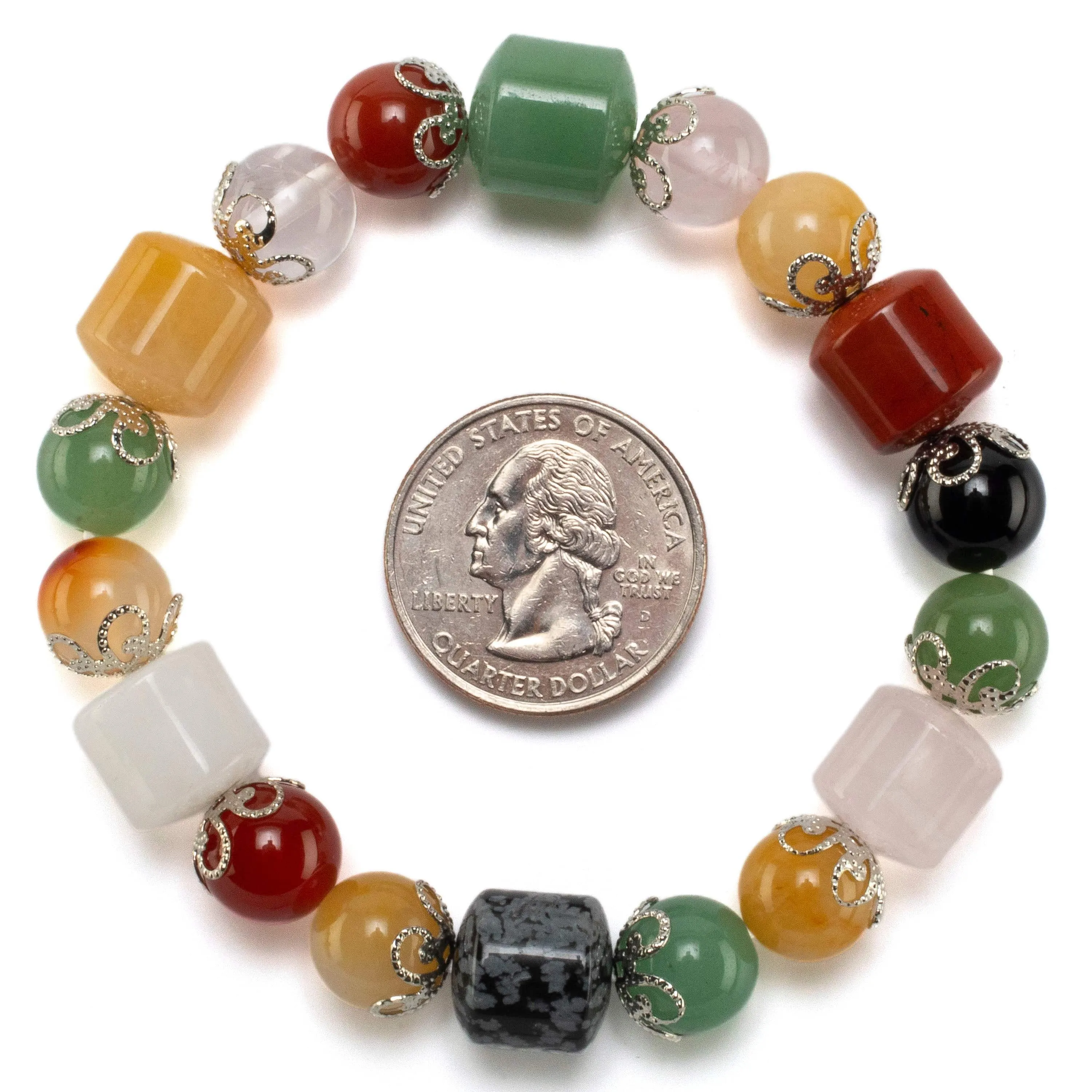 Multi Gemstone with Flower Design Accents Elastic Bracelet