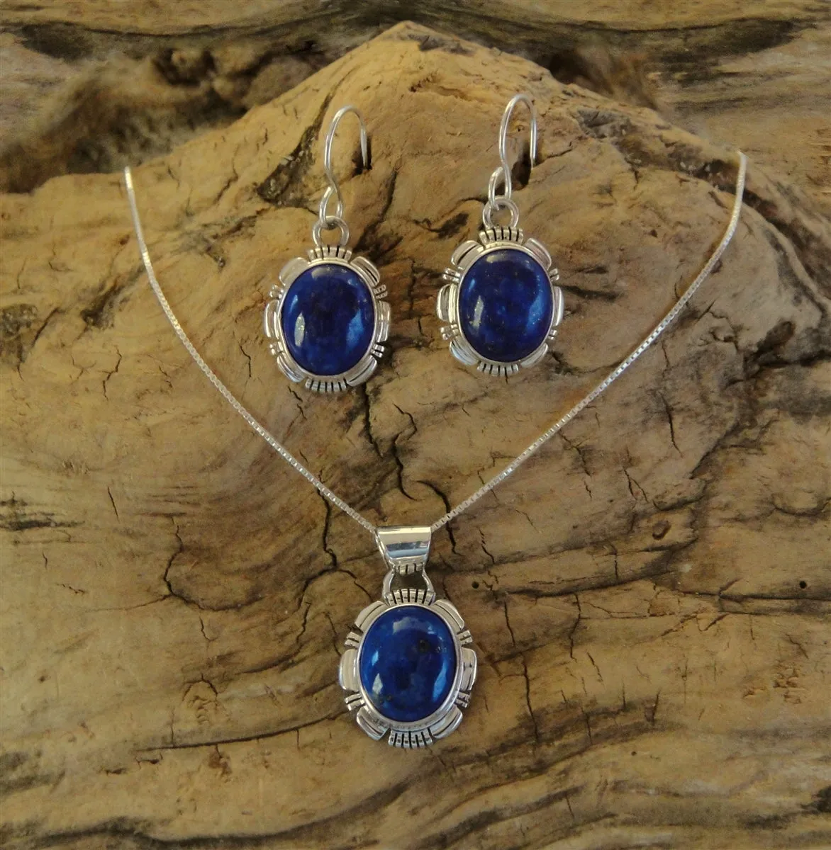 Native American Made Sterling Silver Lapis Pendant and Matching Earrings