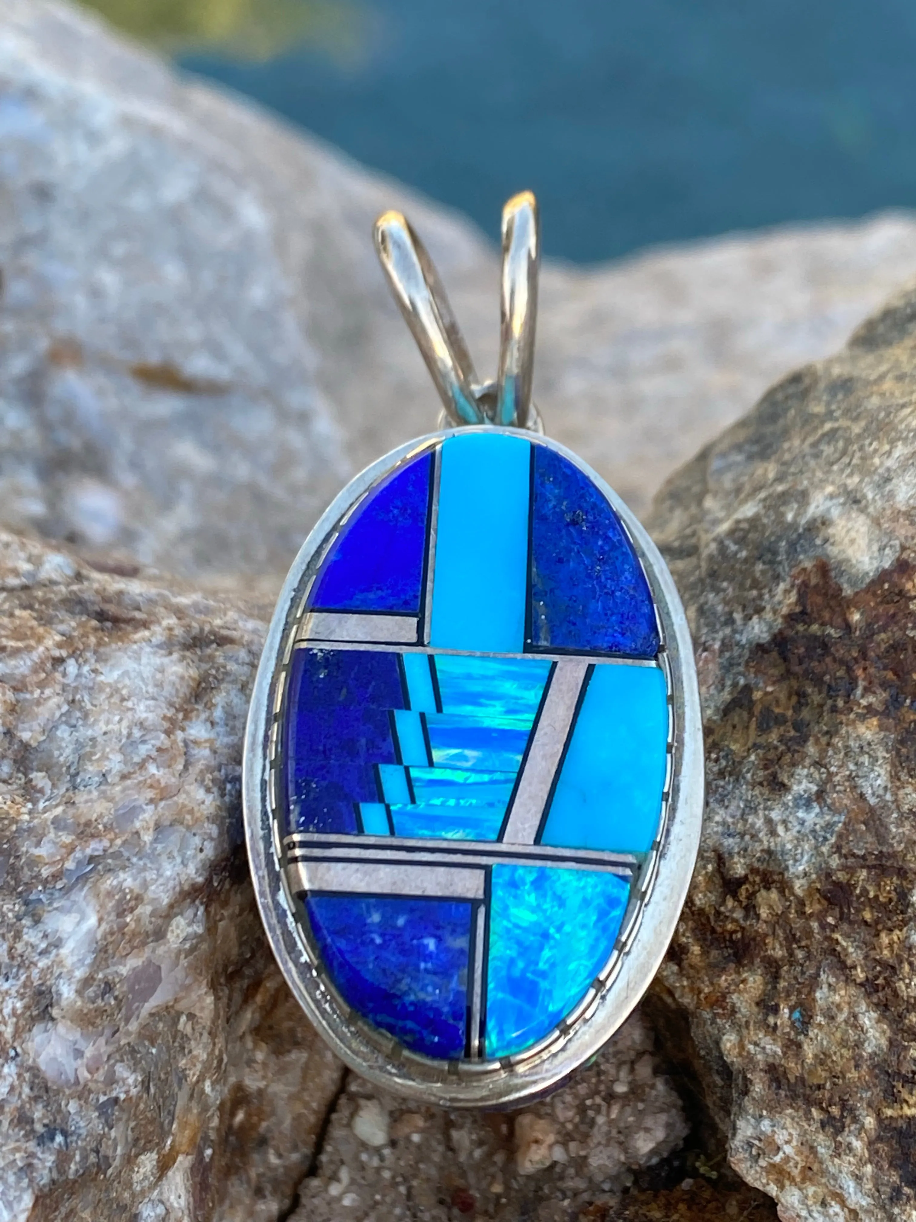 Navajo Lapis, Turquoise, Blue Opal Oval Pendant