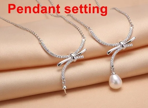 Necklace Pendant Setting Blank with Chain 7mm 1pc 3.2g 925 Sterling Silver Bow-Knot Shape Base for 1 Pearl CZ Semi Mount Wholesale Available