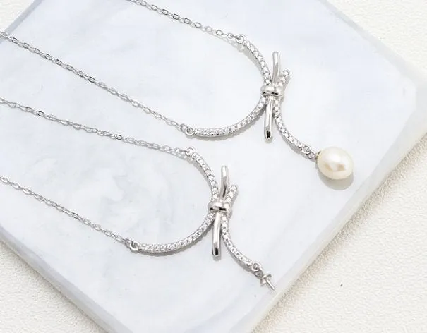 Necklace Pendant Setting Blank with Chain 7mm 1pc 3.2g 925 Sterling Silver Bow-Knot Shape Base for 1 Pearl CZ Semi Mount Wholesale Available