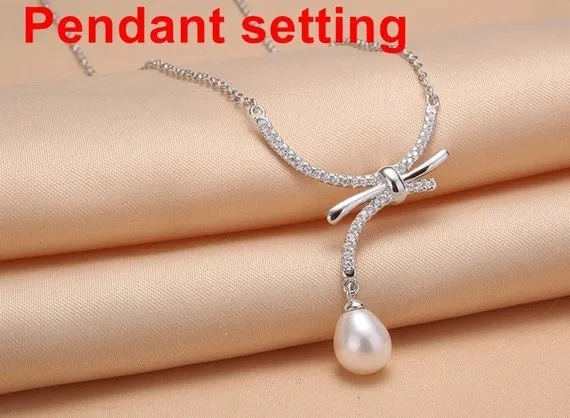 Necklace Pendant Setting Blank with Chain 7mm 1pc 3.2g 925 Sterling Silver Bow-Knot Shape Base for 1 Pearl CZ Semi Mount Wholesale Available