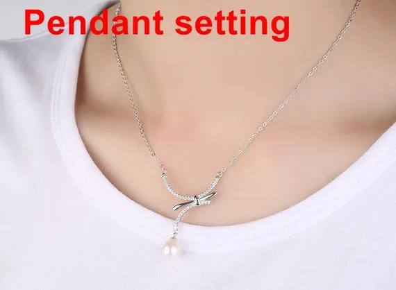Necklace Pendant Setting Blank with Chain 7mm 1pc 3.2g 925 Sterling Silver Bow-Knot Shape Base for 1 Pearl CZ Semi Mount Wholesale Available