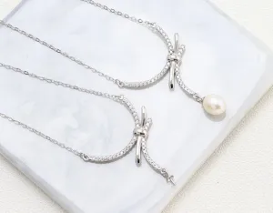 Necklace Pendant Setting Blank with Chain 7mm 1pc 3.2g 925 Sterling Silver Bow-Knot Shape Base for 1 Pearl CZ Semi Mount Wholesale Available