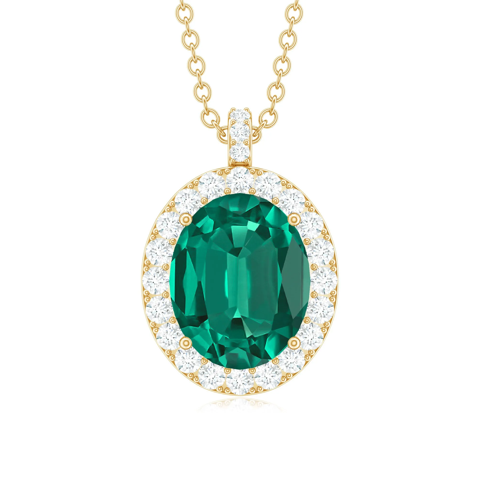 Oval Created Emerald Halo Pendant with Diamond Accent Bail