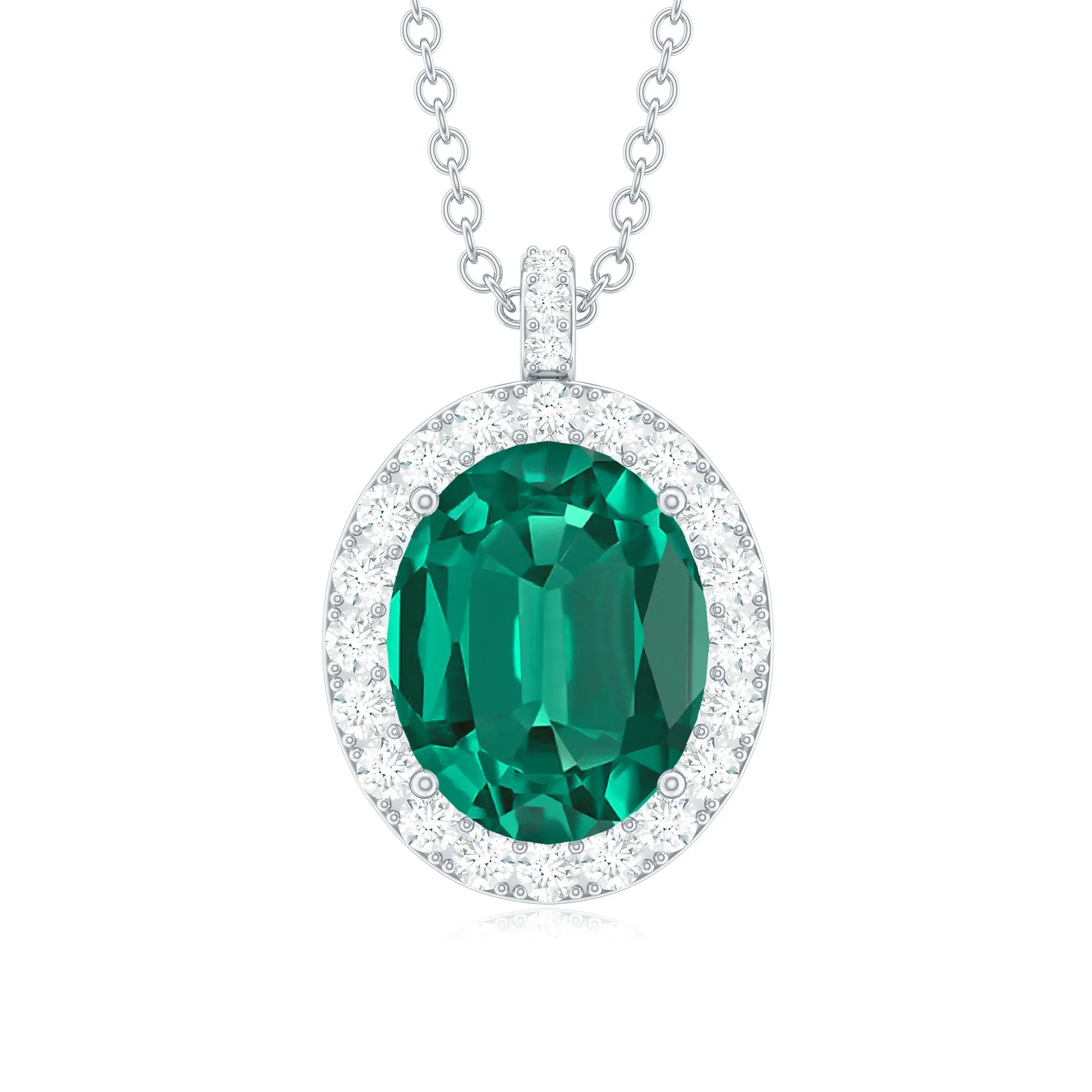 Oval Created Emerald Halo Pendant with Diamond Accent Bail
