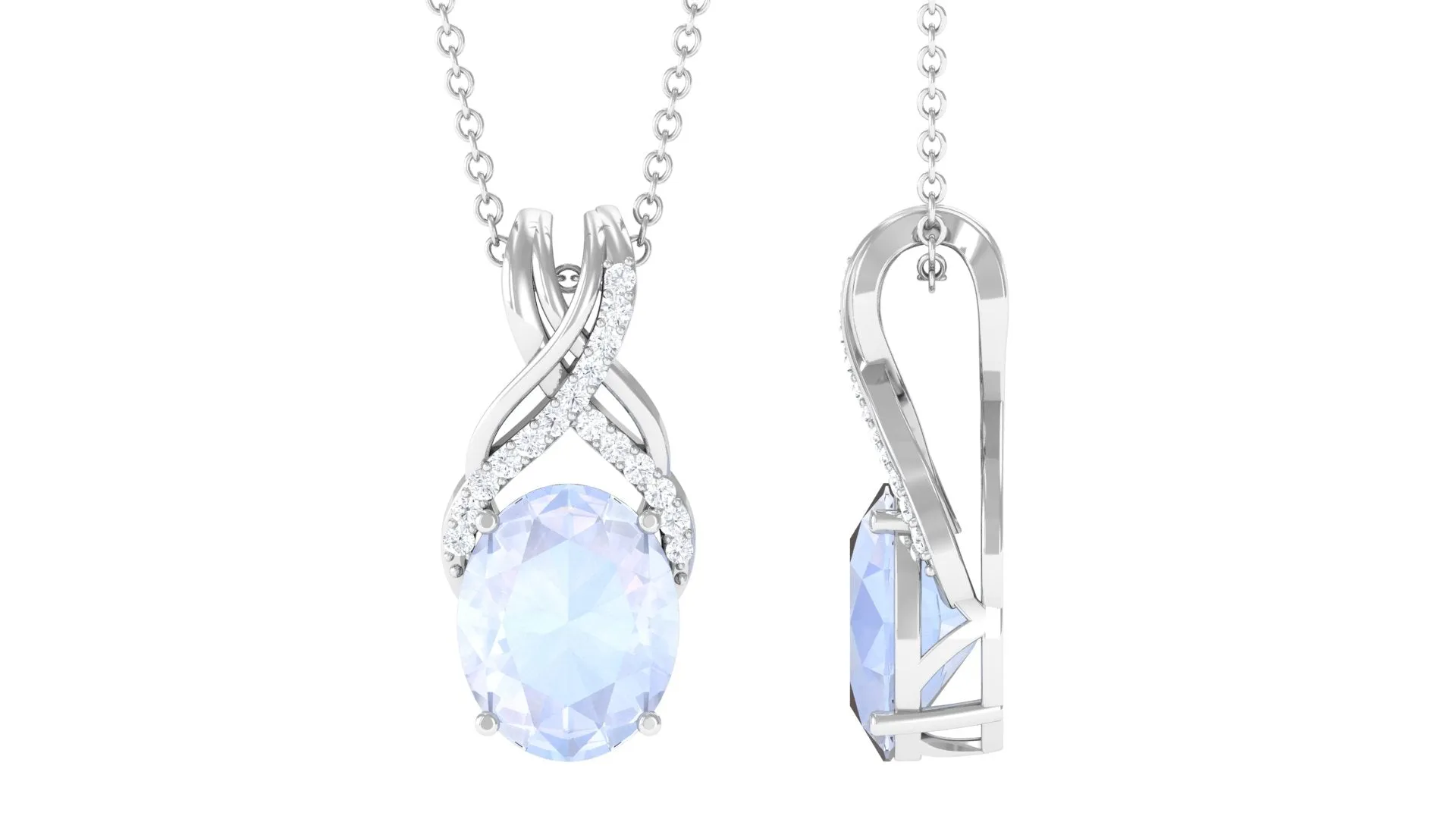 Oval Shape Moonstone Solitaire Pendant with Diamond Twisted Bail