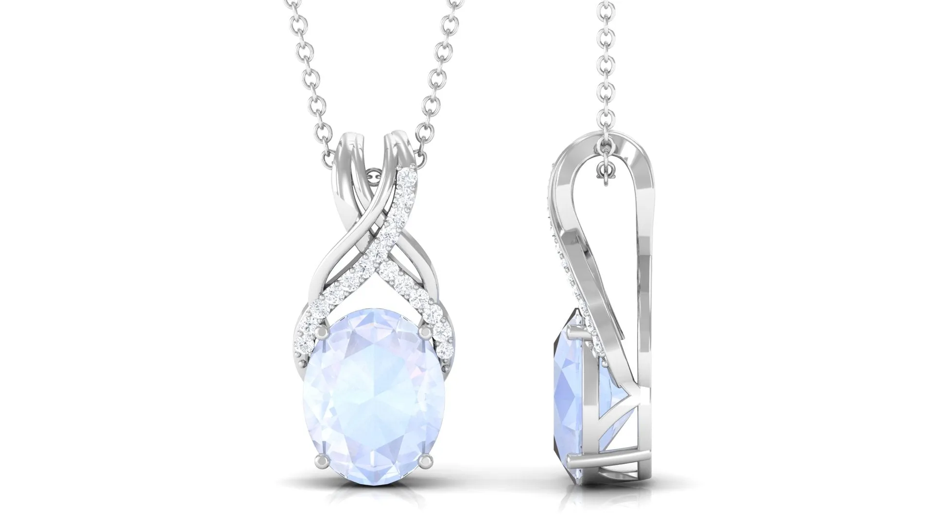 Oval Shape Moonstone Solitaire Pendant with Diamond Twisted Bail