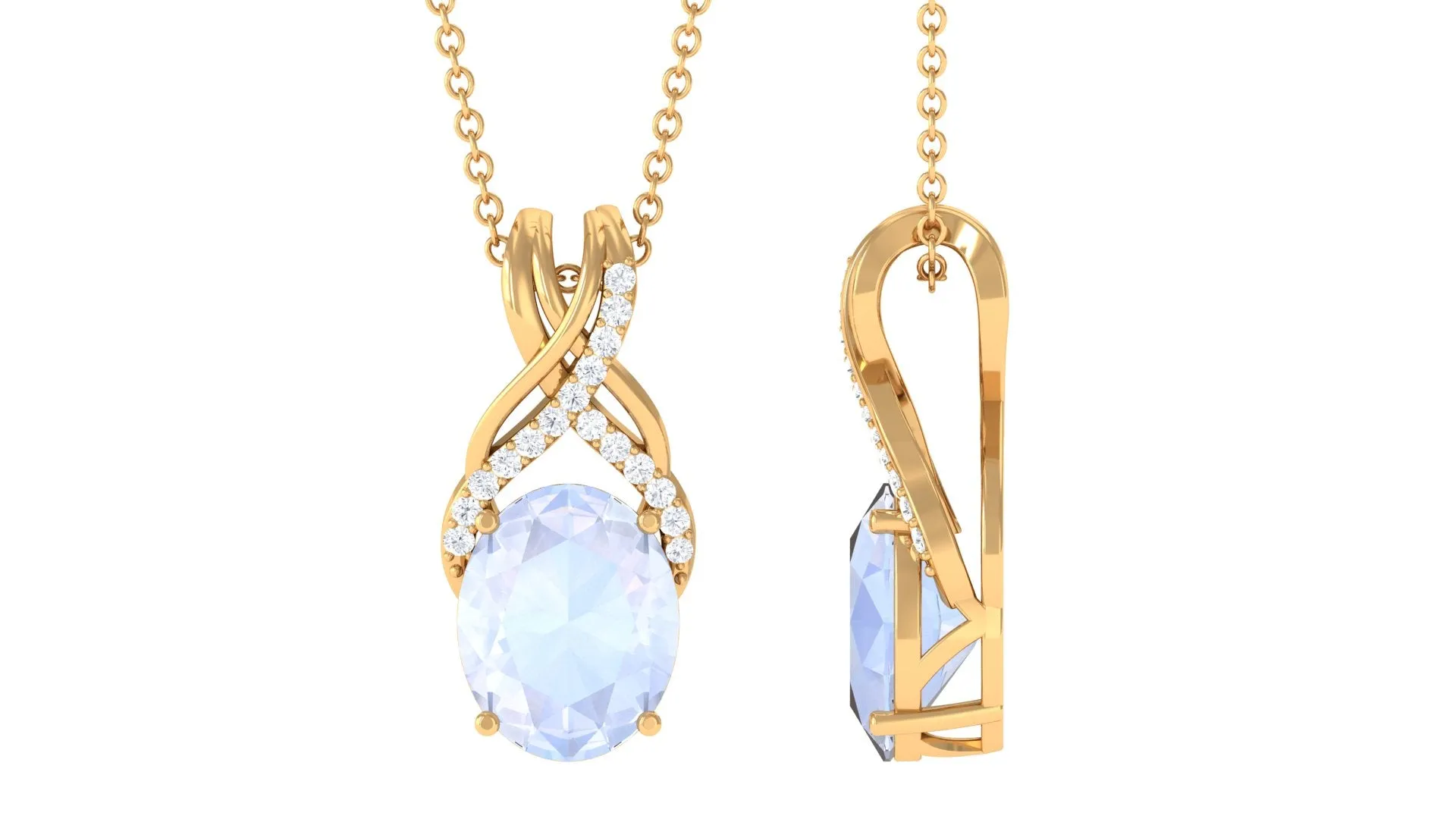 Oval Shape Moonstone Solitaire Pendant with Diamond Twisted Bail