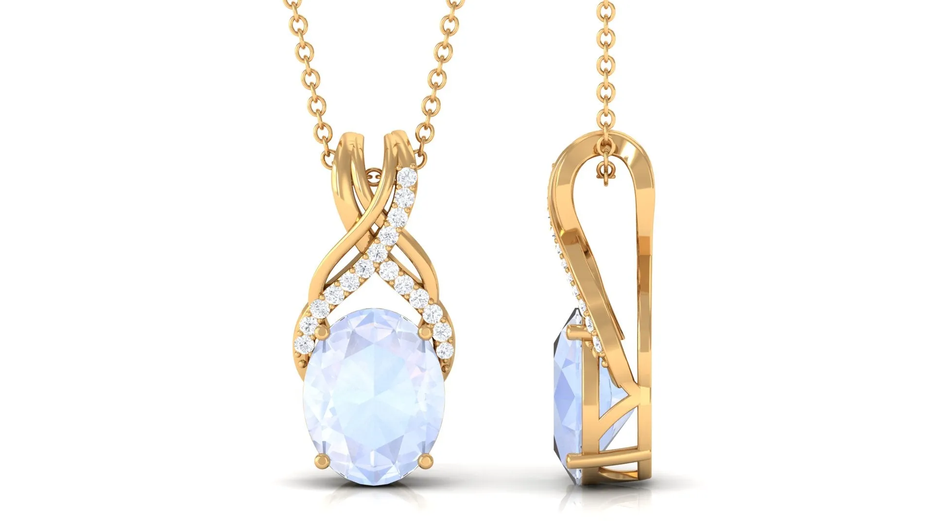 Oval Shape Moonstone Solitaire Pendant with Diamond Twisted Bail