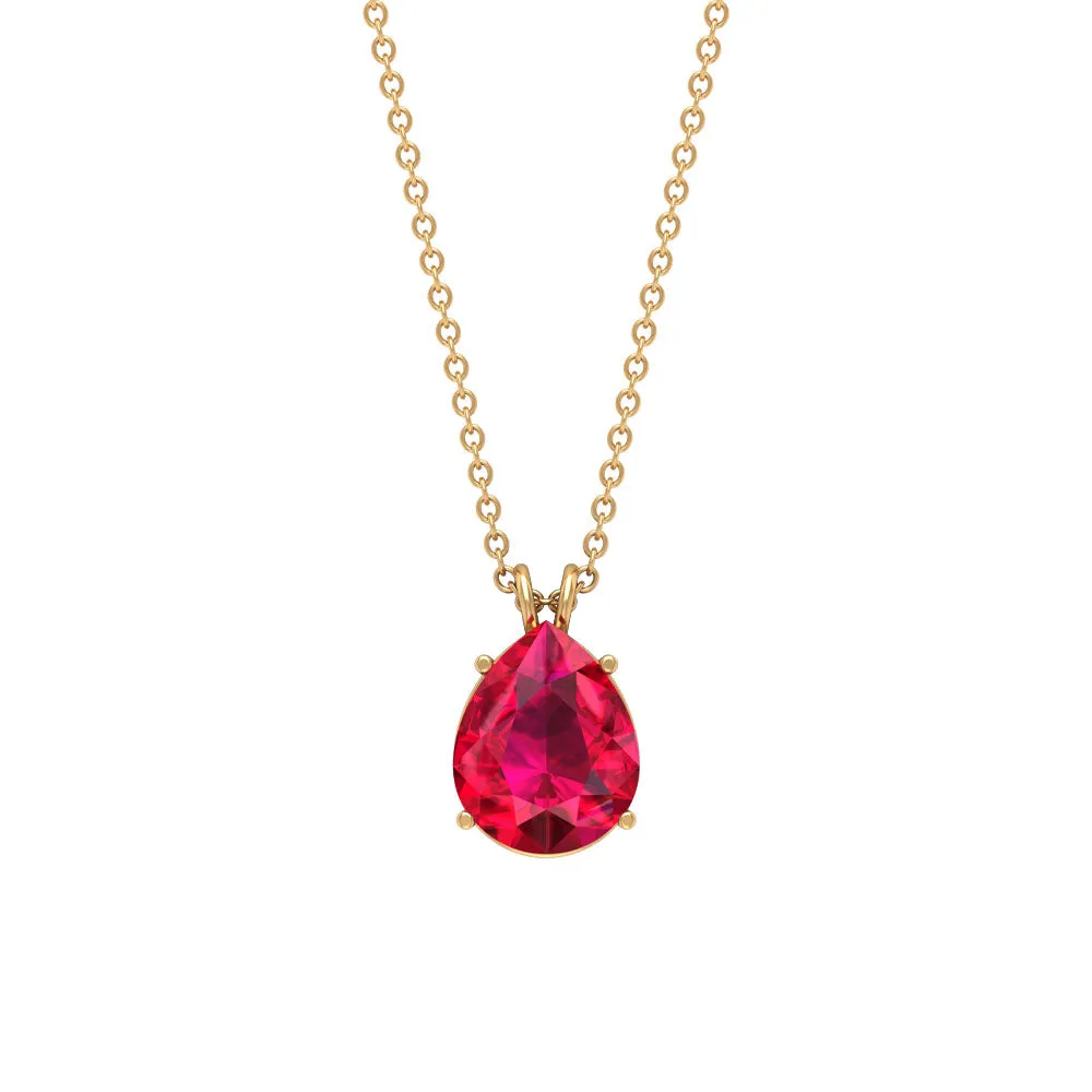 Pear Cut Lab Grown Ruby Solitaire Pendant Necklace