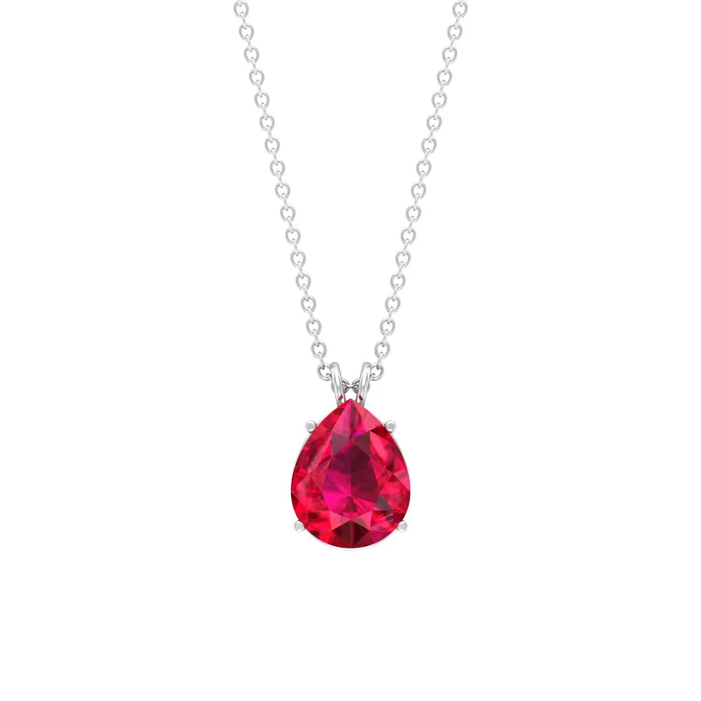 Pear Cut Lab Grown Ruby Solitaire Pendant Necklace