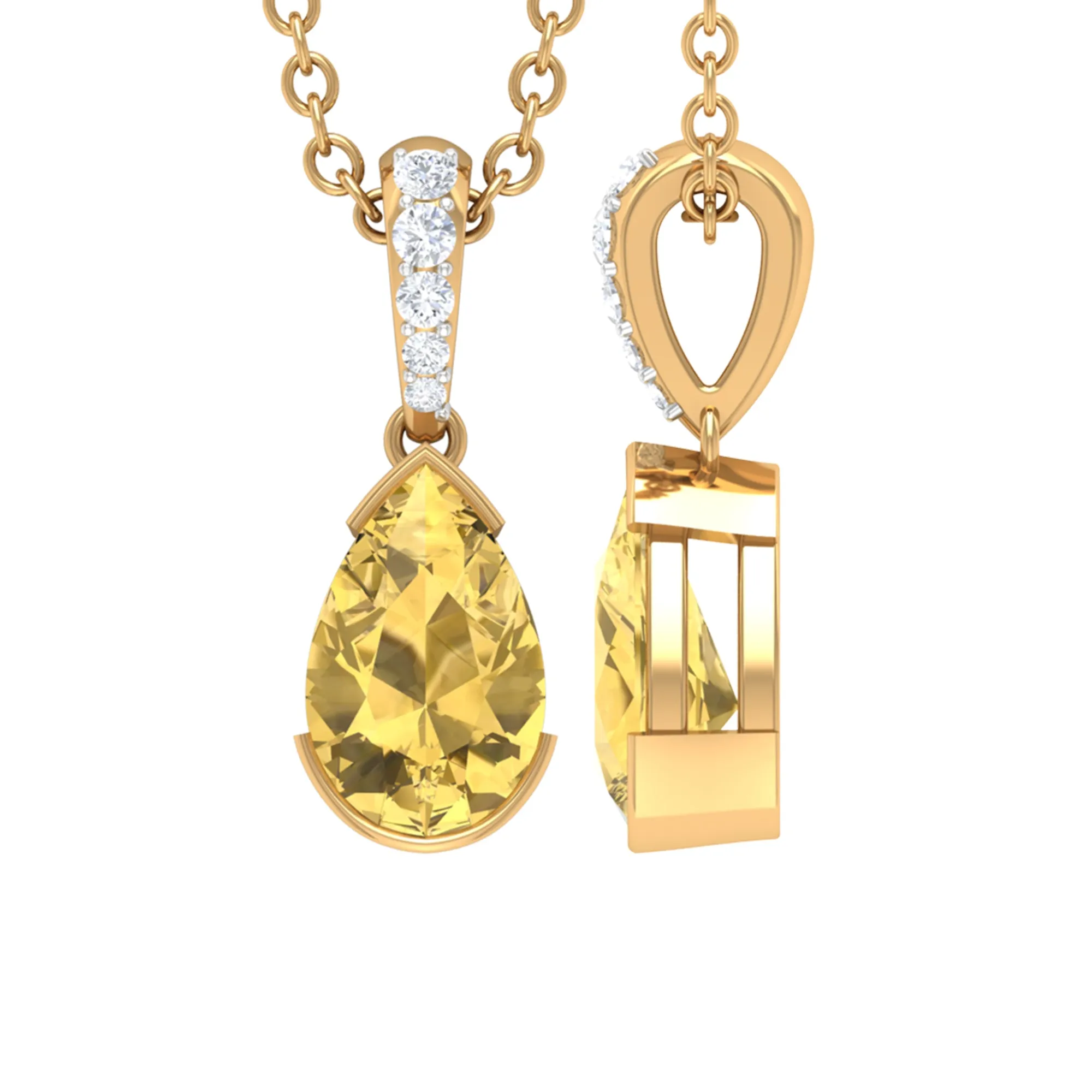 Pear Shape Citrine Solitaire Pendant with Diamond Accent Bail