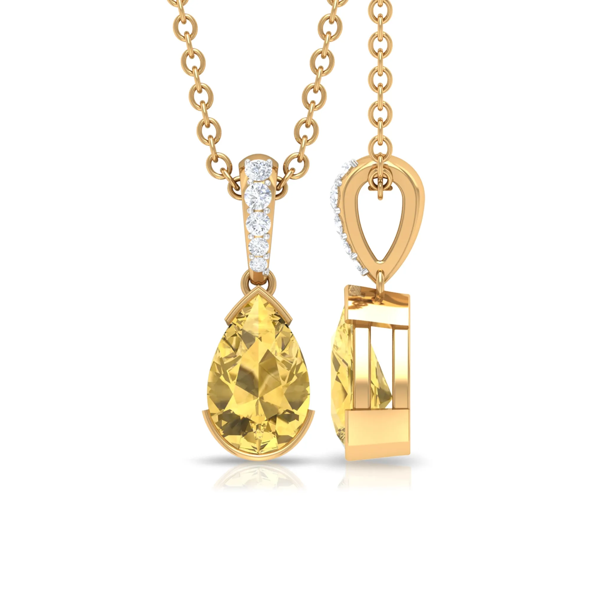 Pear Shape Citrine Solitaire Pendant with Diamond Accent Bail