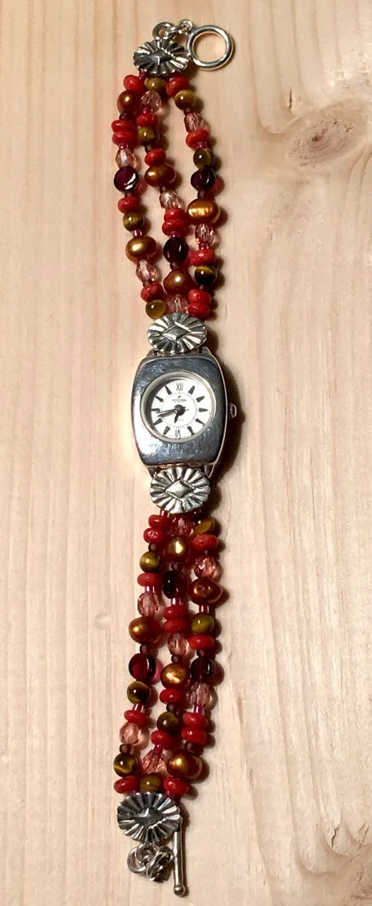 Peyote Bird Silver Watch on Coral and Pearl Bead Bracelet