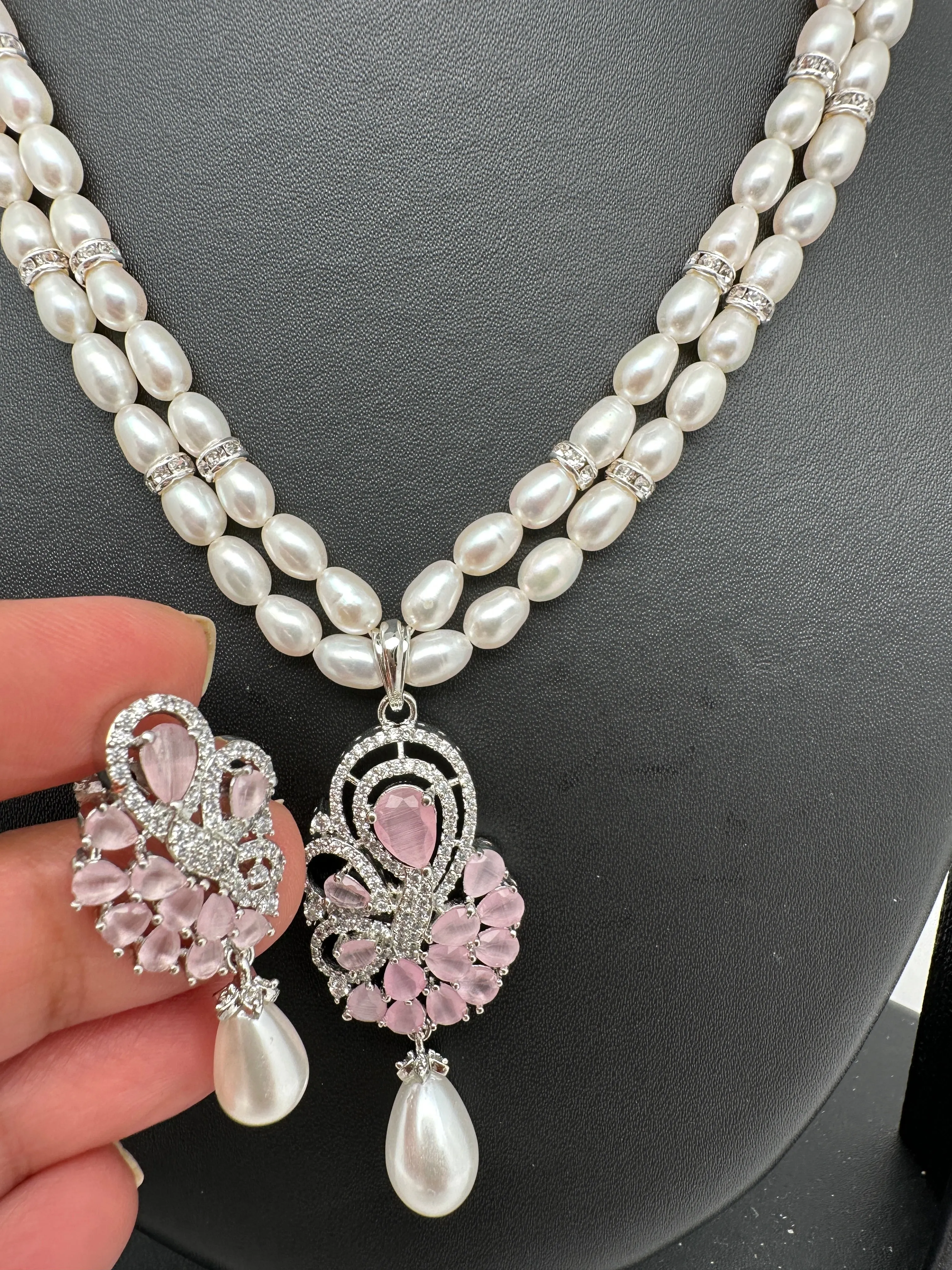 Pink Stone AD Pendent Double Line Real Kalagi Freshwater Pearls Necklace